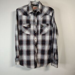 Wrangler Shirt Mens LT Brown Grey Plaid Pearl Snap Western Cowboy Long Sleeve